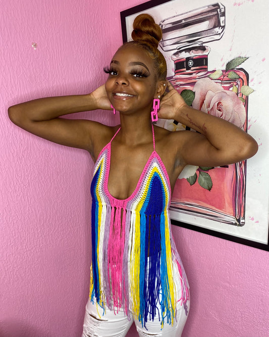 ColorBlock Fringe Tie Back Cover-up Top