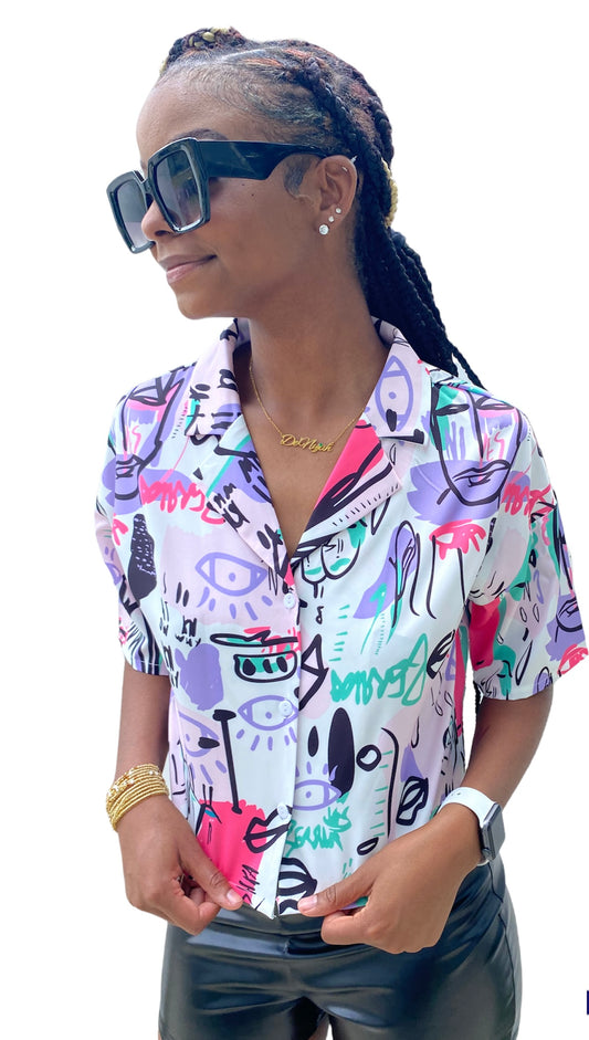 🎨 The “Canvas Queen” Cropped Button-Up