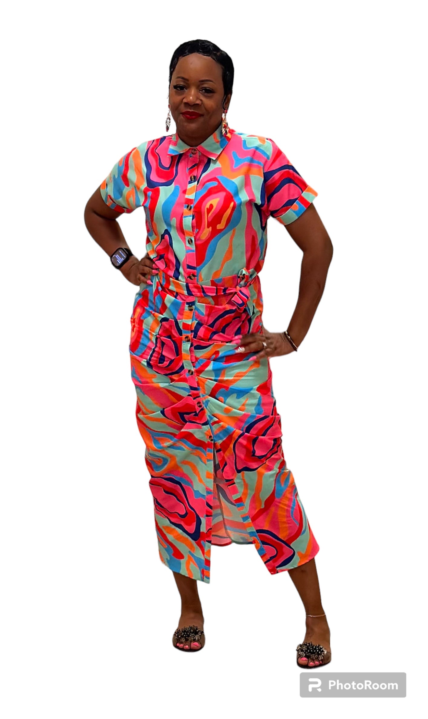 🌈 The “Color Me Confident” Button-Down Midi Dress