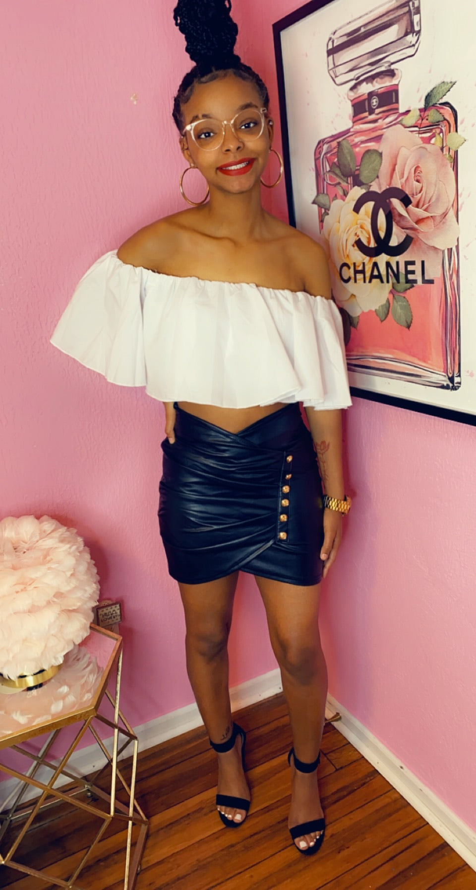 Faux leather mini skirt w/ gold button detail
