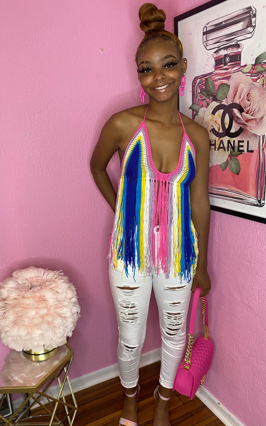 ColorBlock Fringe Tie Back Cover-up Top