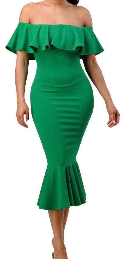 💚 The “Emerald Hour” Off-Shoulder Midi